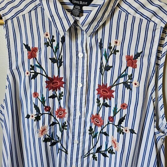 EUC LIKE NEW TERRE BLUE 100% LYOCELL STRIPED EMBROIDERED BUTTON DOWN DRESS SZ L - Picture 9 of 16